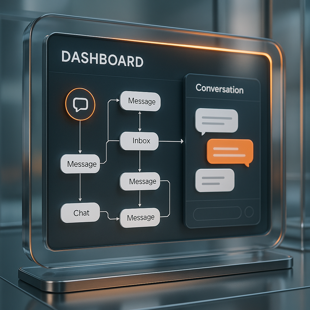 Digital dashboard showing interconnected communication nodes and message flows for efficient property management communication system