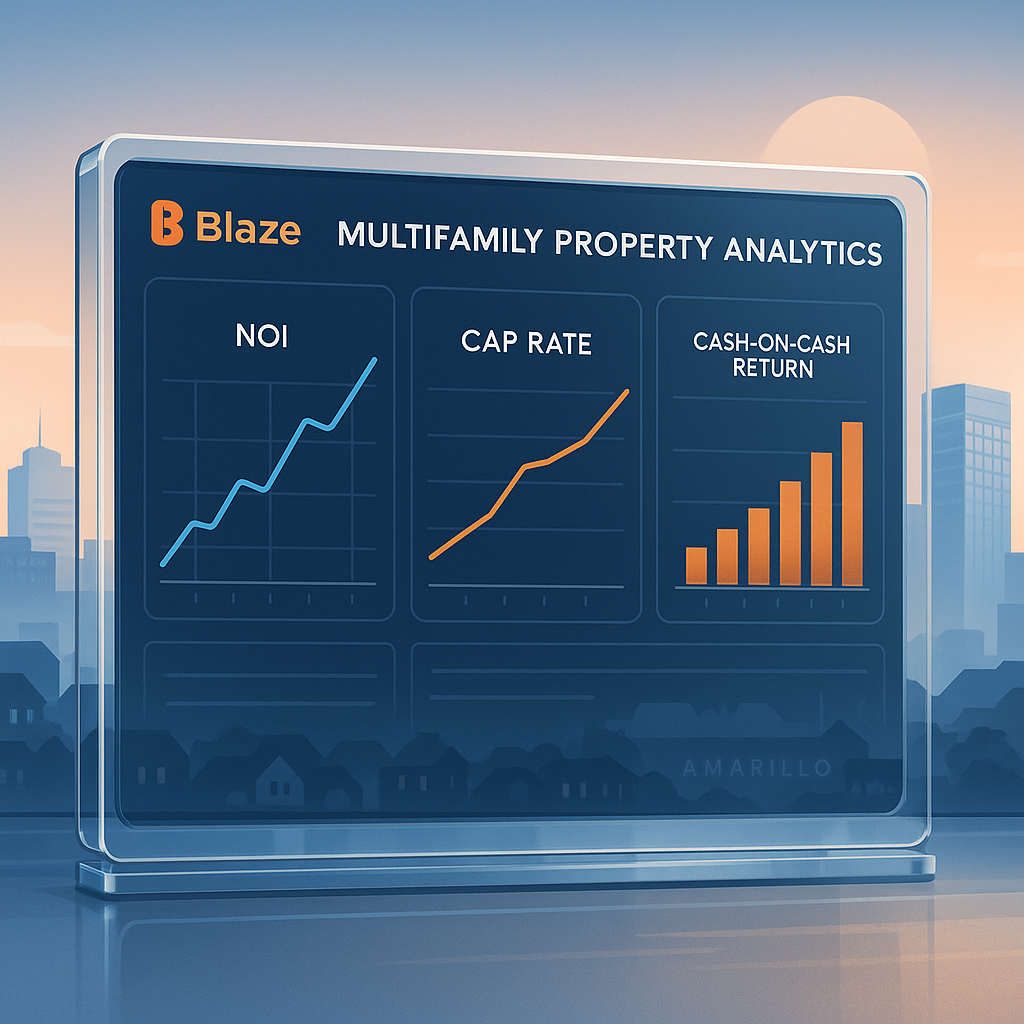 Digital dashboard showing multifamily property financial analytics with charts for NOI, cap rate, and cash-on-cash return in Amarillo cityscape