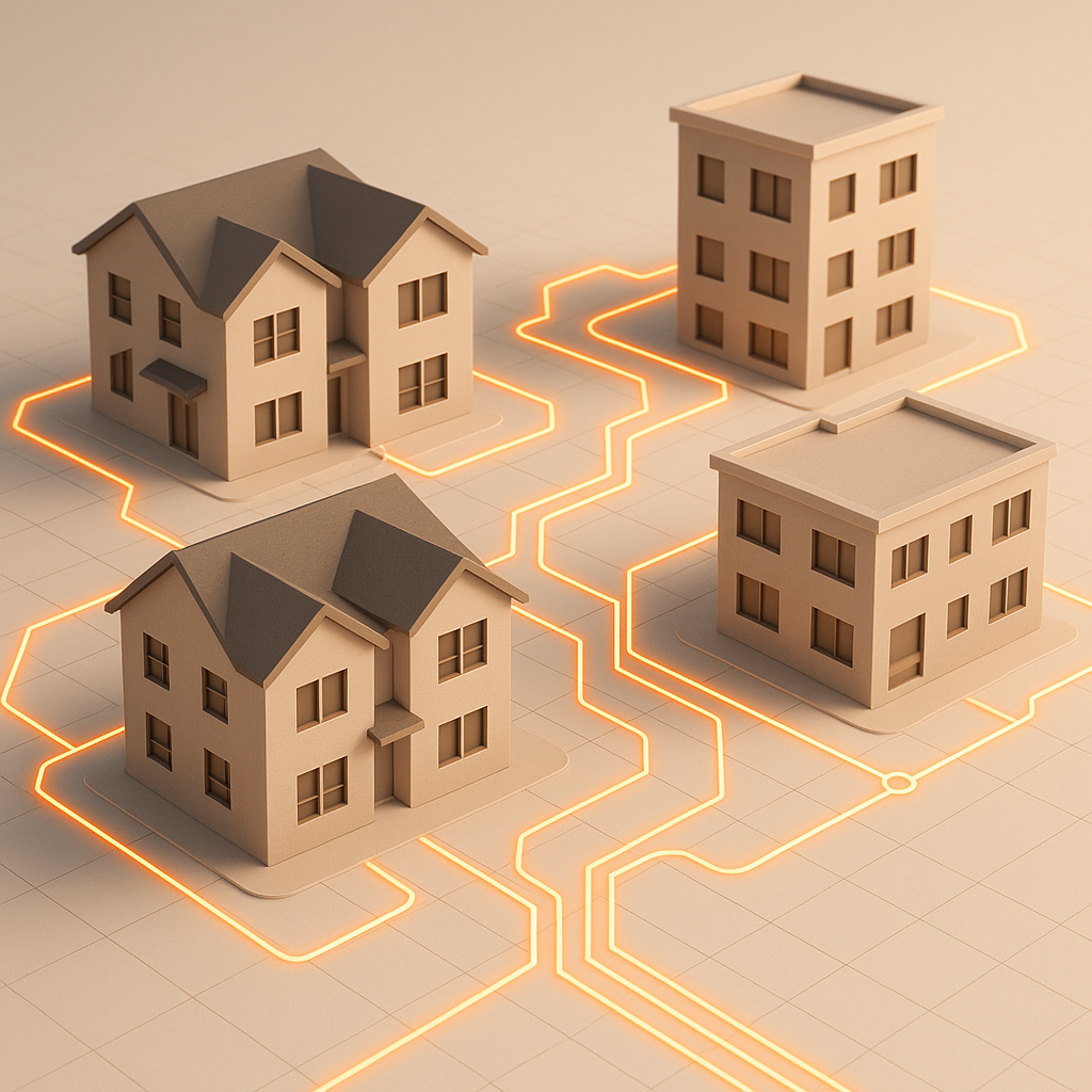 Abstract digital architectural renderings of duplex, triplex, and fourplex