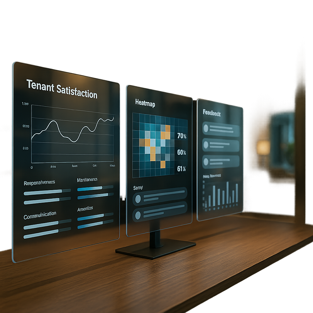Transparent glass screens show a modern digital dashboard with tenant satisfaction data visualized through colorful graphs and heat maps