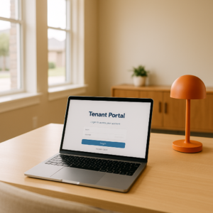Modern residential leasing office in Amarillo with a minimalist desk and laptop showing tenant portal for rent payment options