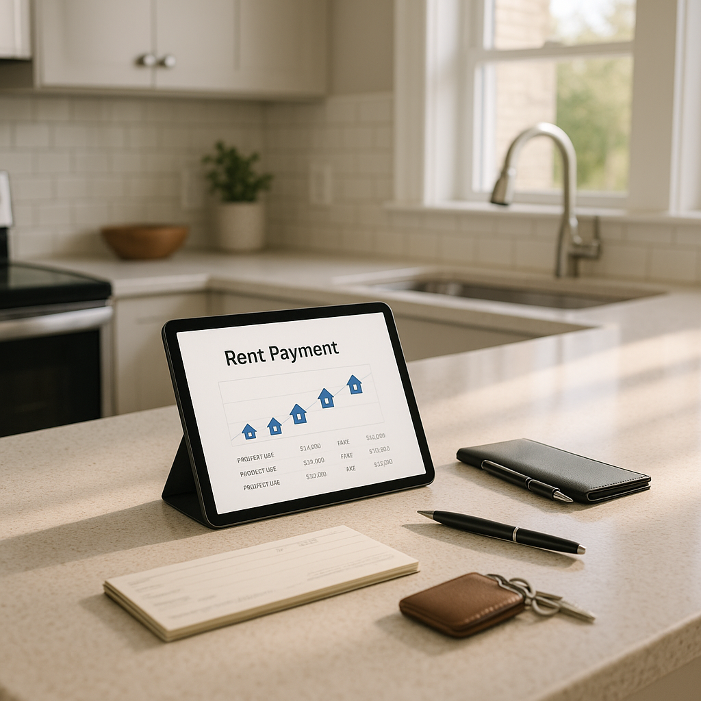 Kitchen counter with rent payment schedule and checkbook