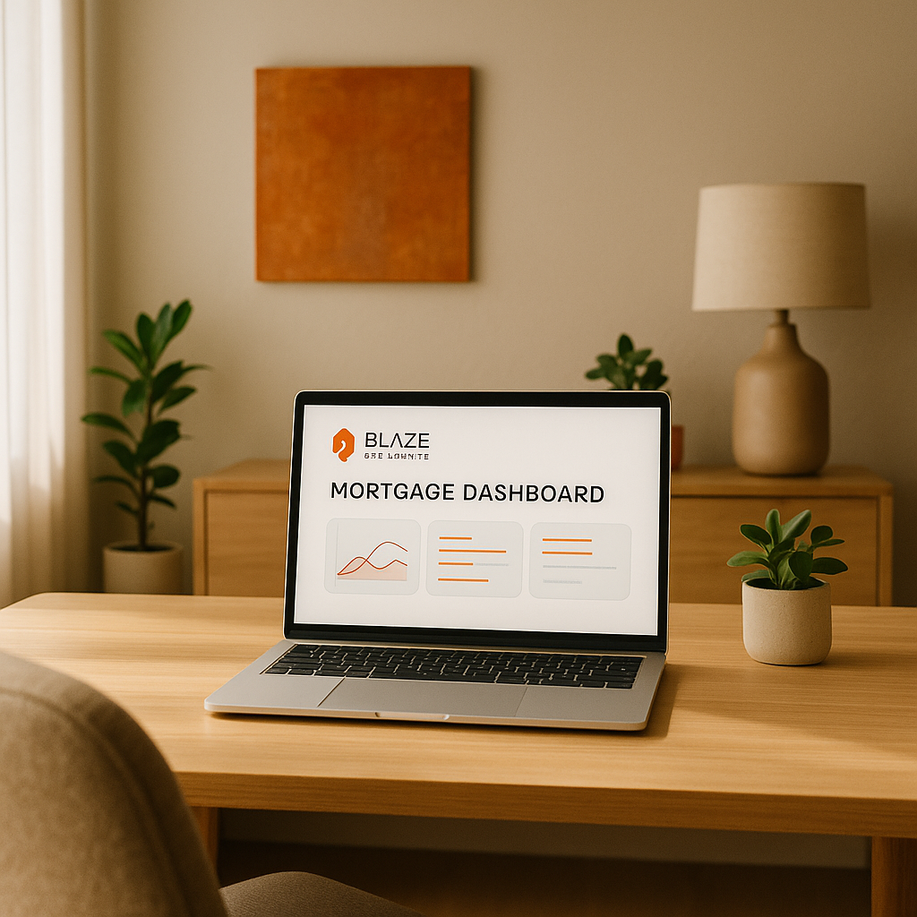 Modern Amarillo real estate office with minimalist desk and laptop showing a clean mortgage dashboard in warm tones for first-time buyers guidance