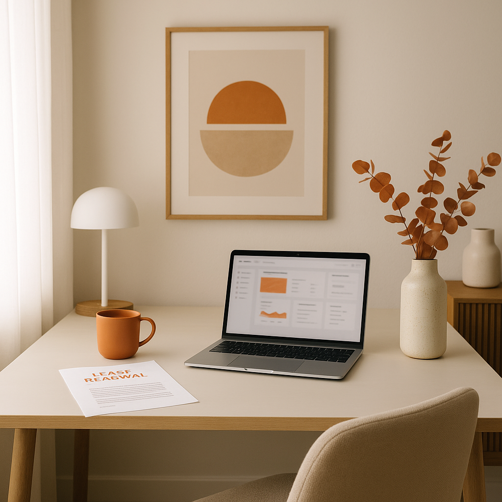Minimalist home office in Amarillo with a lease renewal letter beside a laptop showing a property management dashboard in warm tones