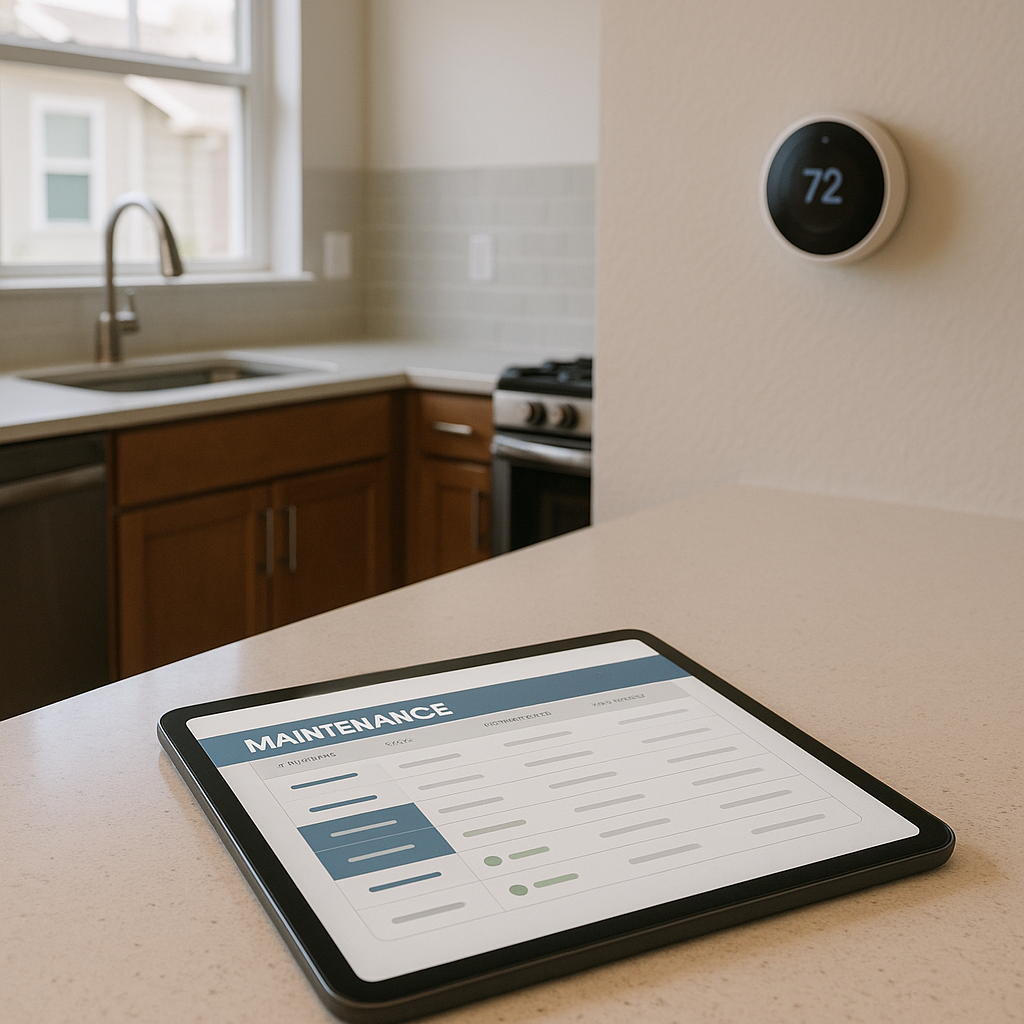 Contemporary kitchen countertop with tablet showing maintenance schedule and smart thermostat