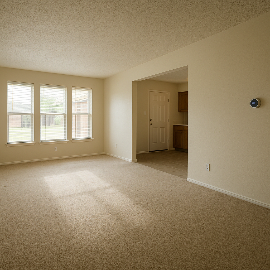 Bright Amarillo rental home living room with natural light, gently worn carpet, smooth neutral walls, and a modern thermostat visible