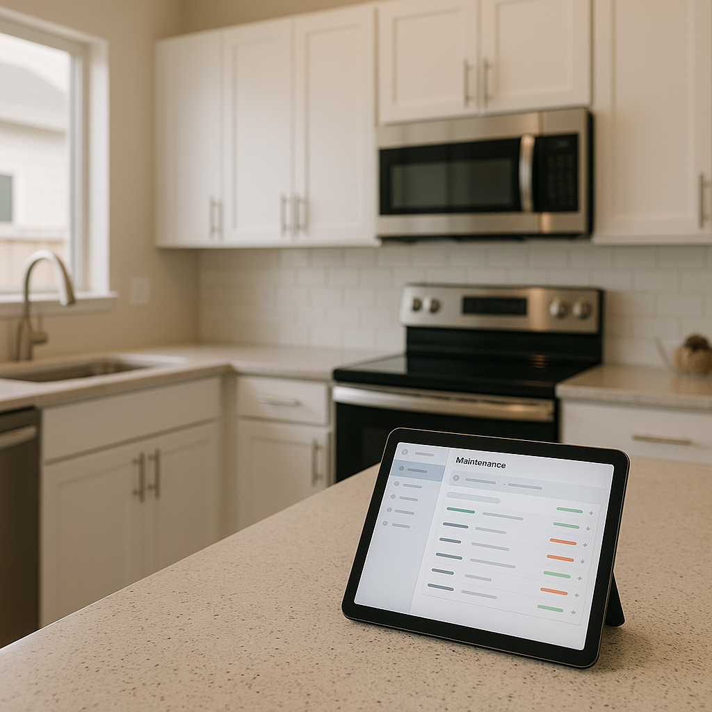 Kitchen interior with maintenance app highlighting damage prevention