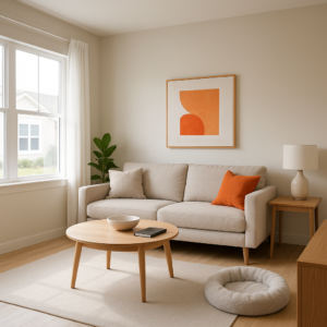 Minimalist Amarillo rental living room with cozy pet bed and natural light, highlighting a pet-friendly space with warm neutral tones and orange accents