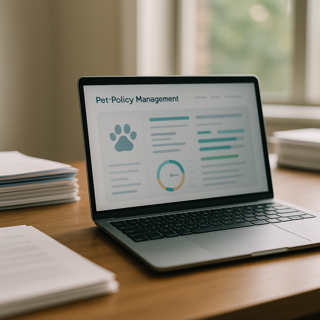 Property management desk with laptop and documents representing pet policy management