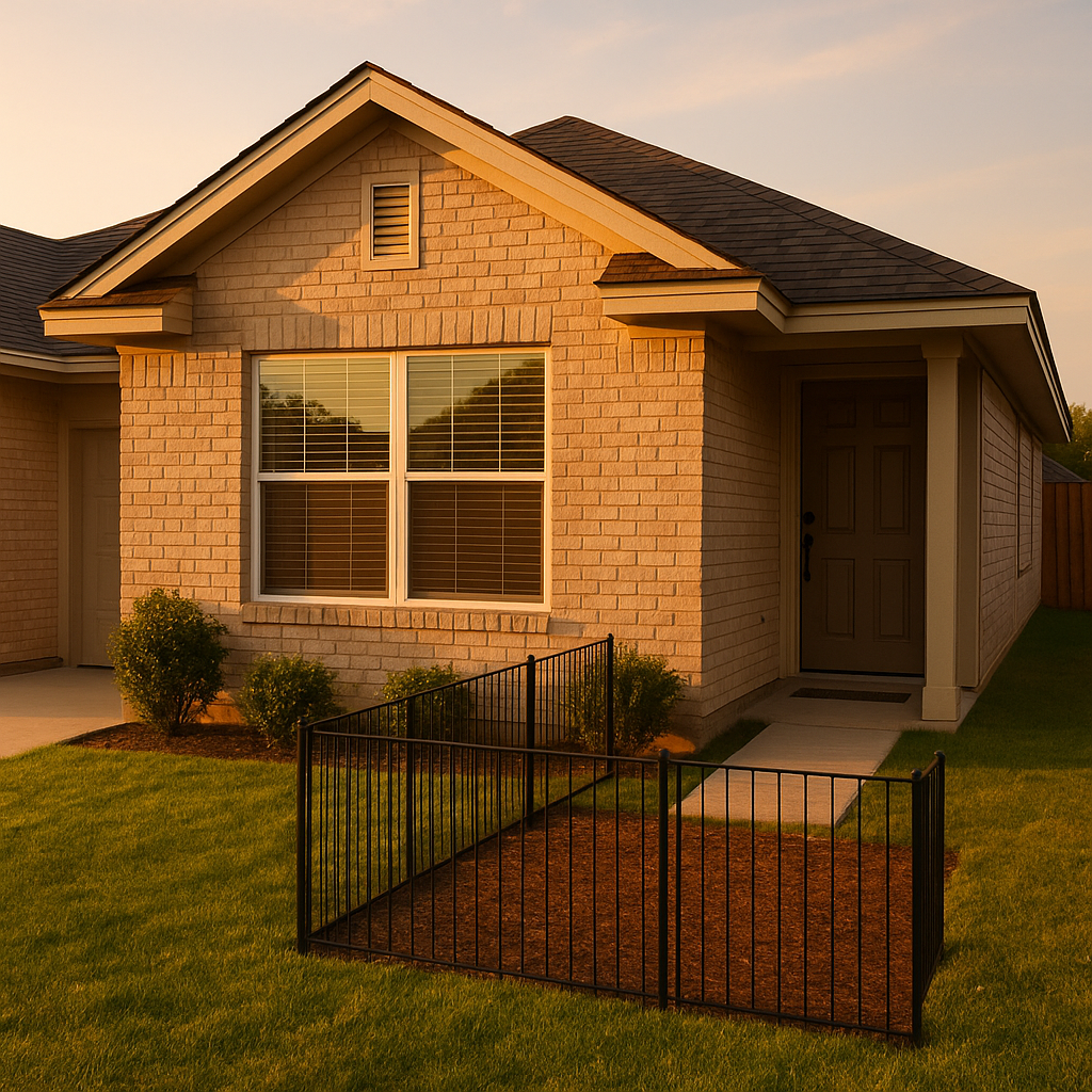 Texas Panhandle rental property exterior with a small pet fence area at golden hour