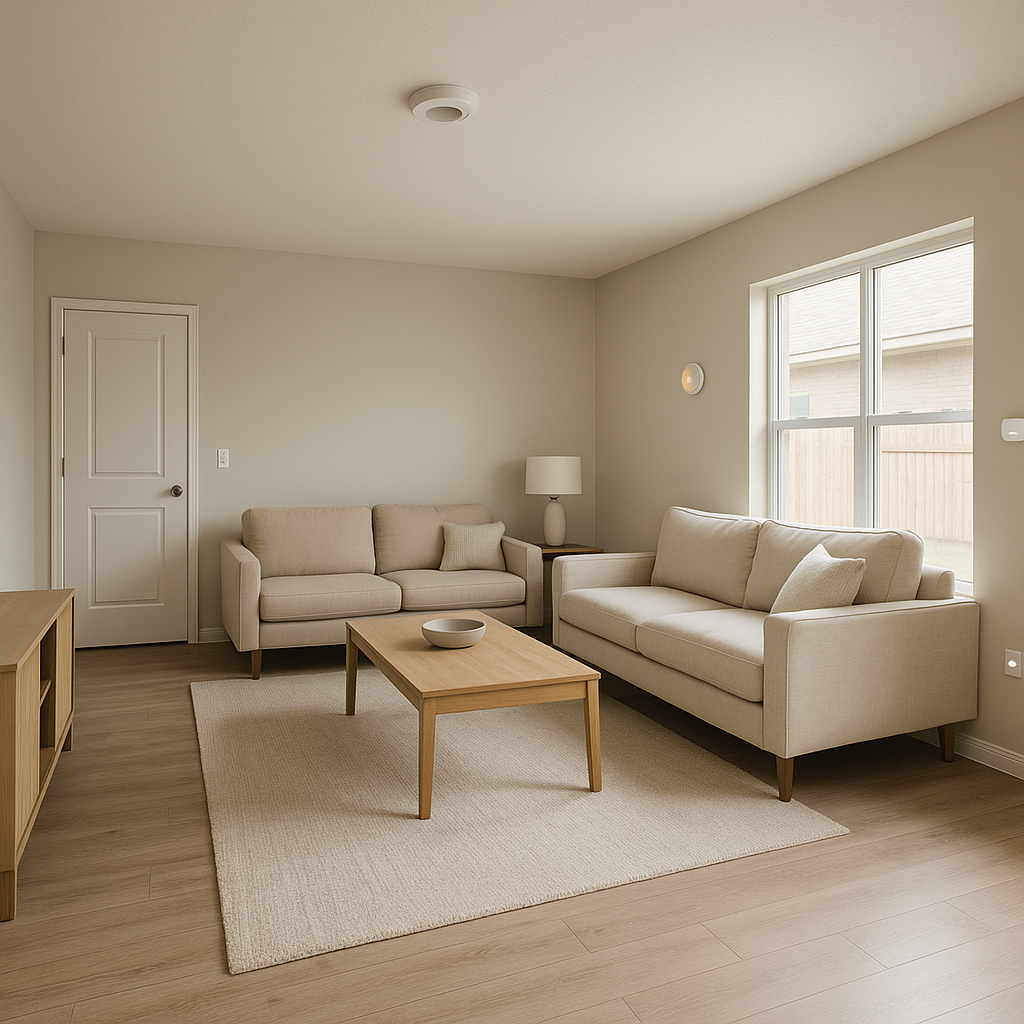 Modern Amarillo investment property living room with minimalist design and smart-home features illustrating stable rental income potential
