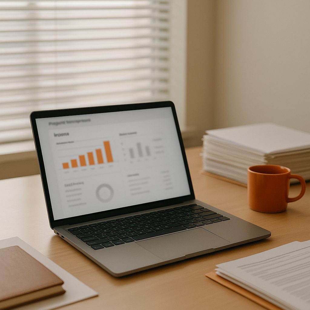 Contemporary office desk with property rental income dashboard