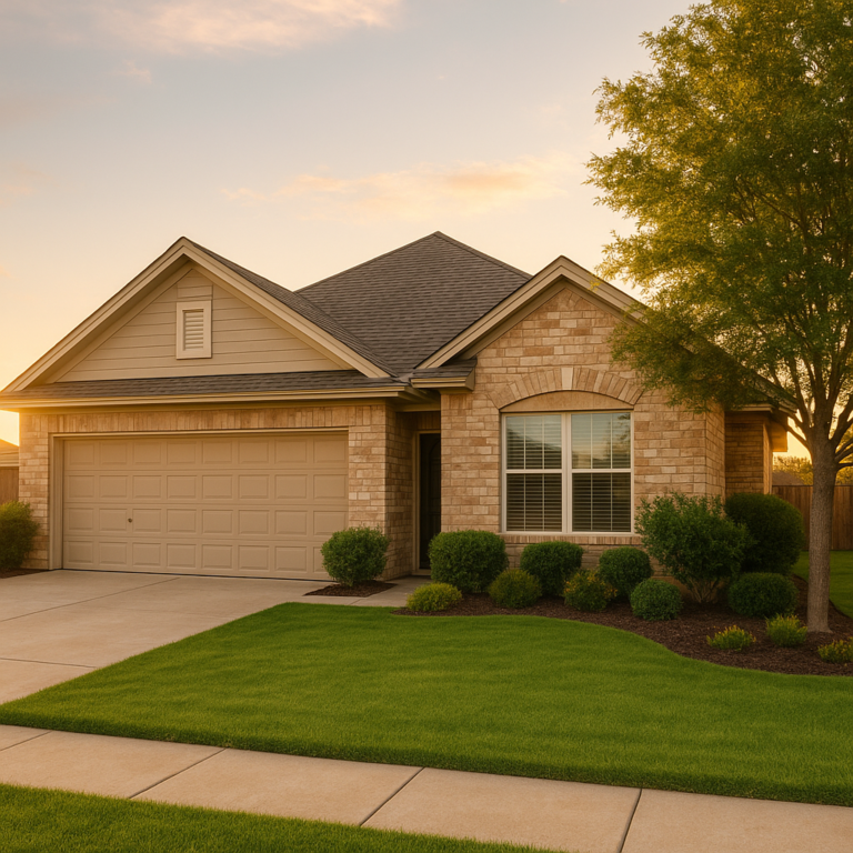 Exterior of a well-maintained Amarillo home with pristine landscaping symbolizing stable property loans without tax returns