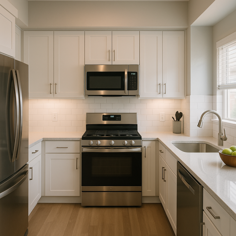 Cinematic bright kitchen in an investment property rental showcasing modern appliances and a digital thermostat symbolizing streamlined loan processes