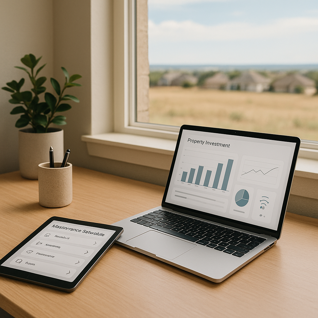 Minimalist office desk with laptop showing property investment dashboard and a tablet displaying maintenance schedule near a Texas Panhandle view