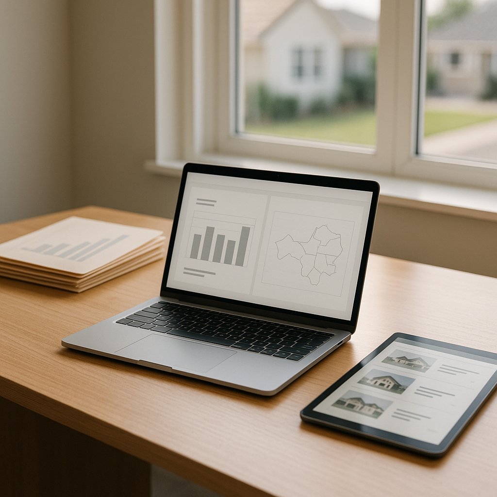 Modern real estate agent’s desk with laptop displaying property management charts and tablet showing home pricing comparison in Panhandle market