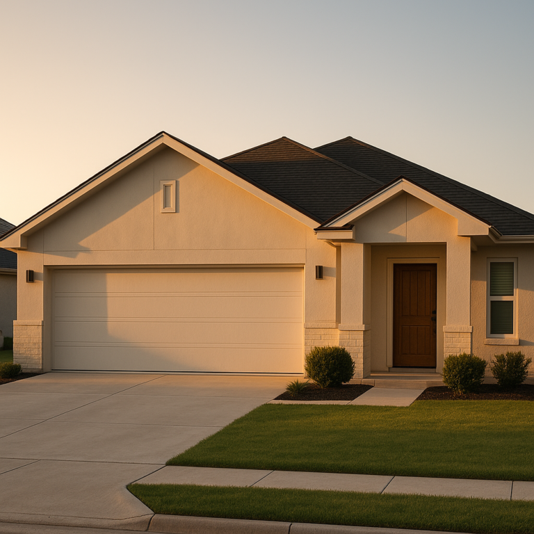 Modern Texas home exterior in Amarillo at golden hour with clean lines and tidy landscaping highlighting the steady seller-leaning market