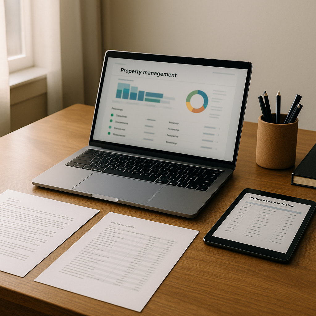 Organized desk with laptop and real estate planning documents