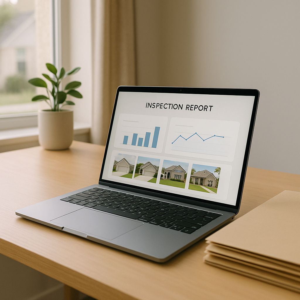 Modern home office desk with a laptop displaying a real estate inspection dashboard, illuminated by natural daylight for clear report analysis