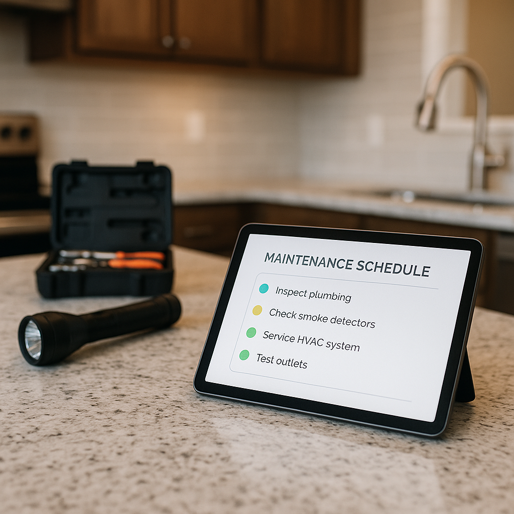 Tablet showing a maintenance schedule on a kitchen counter with simple tools nearby