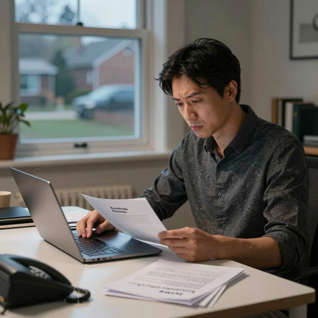 Rental property owner reviewing paperwork while self-managing