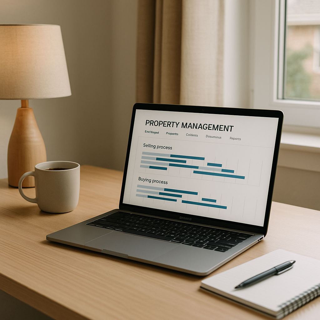 Modern home office desk featuring a property management dashboard with overlapping selling and buying timelines in natural daylight