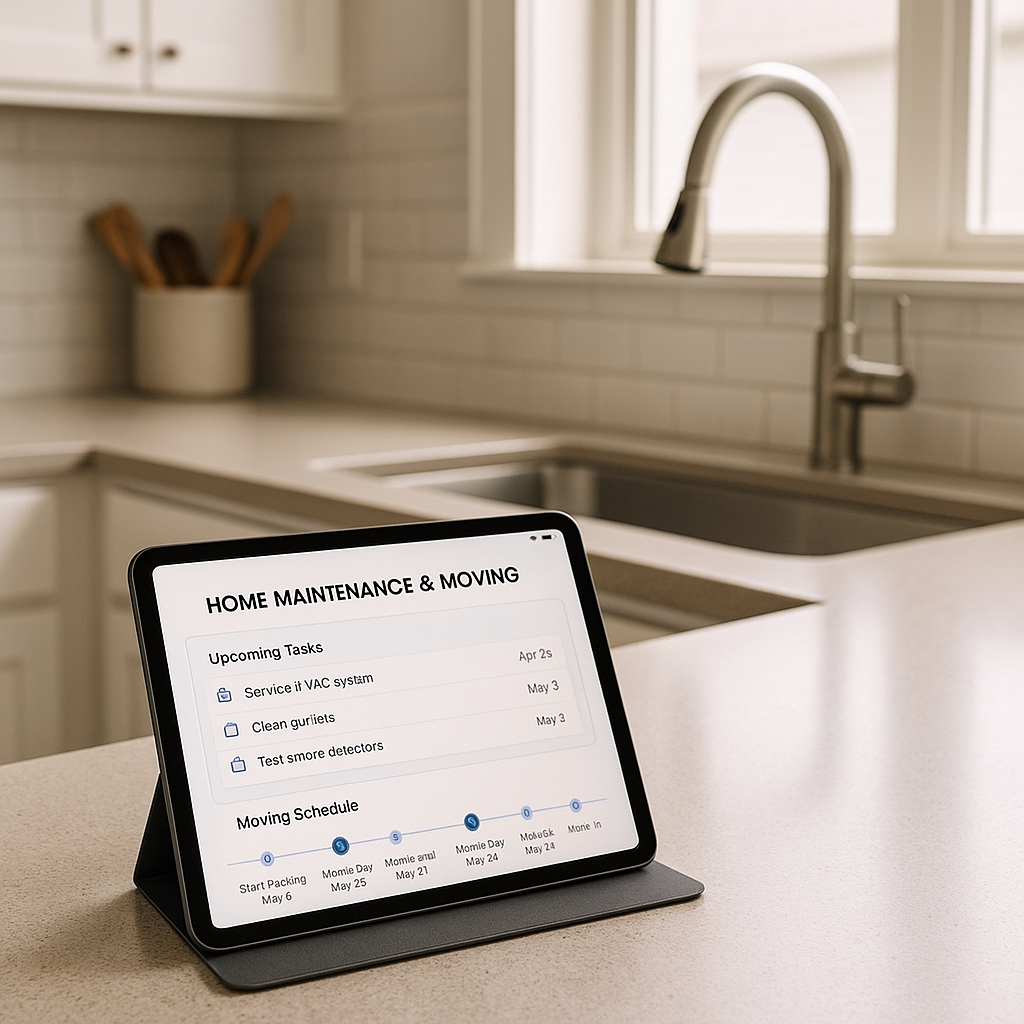 Move scheduling and planning app on a tablet in a clean kitchen