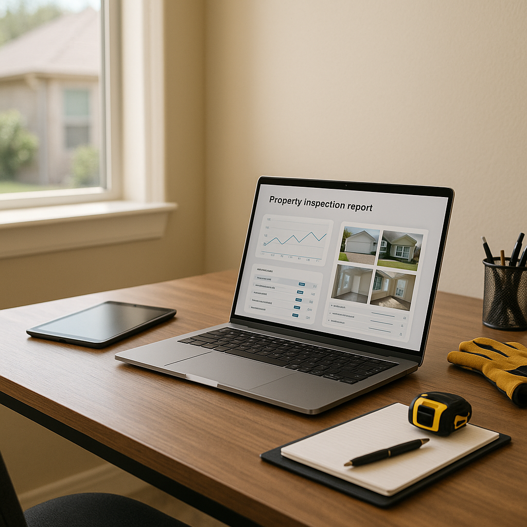 A modern home inspector's workspace in Amarillo with a laptop showing inspection graphs, highlighting a calm, professional setting for buyers