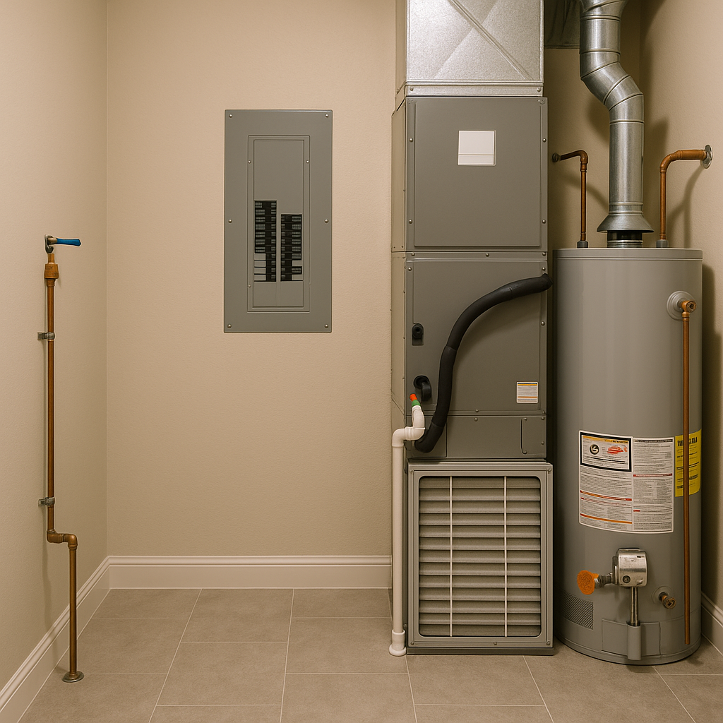 Utility room showing water shutoff, electrical panel, HVAC filter, and water heater