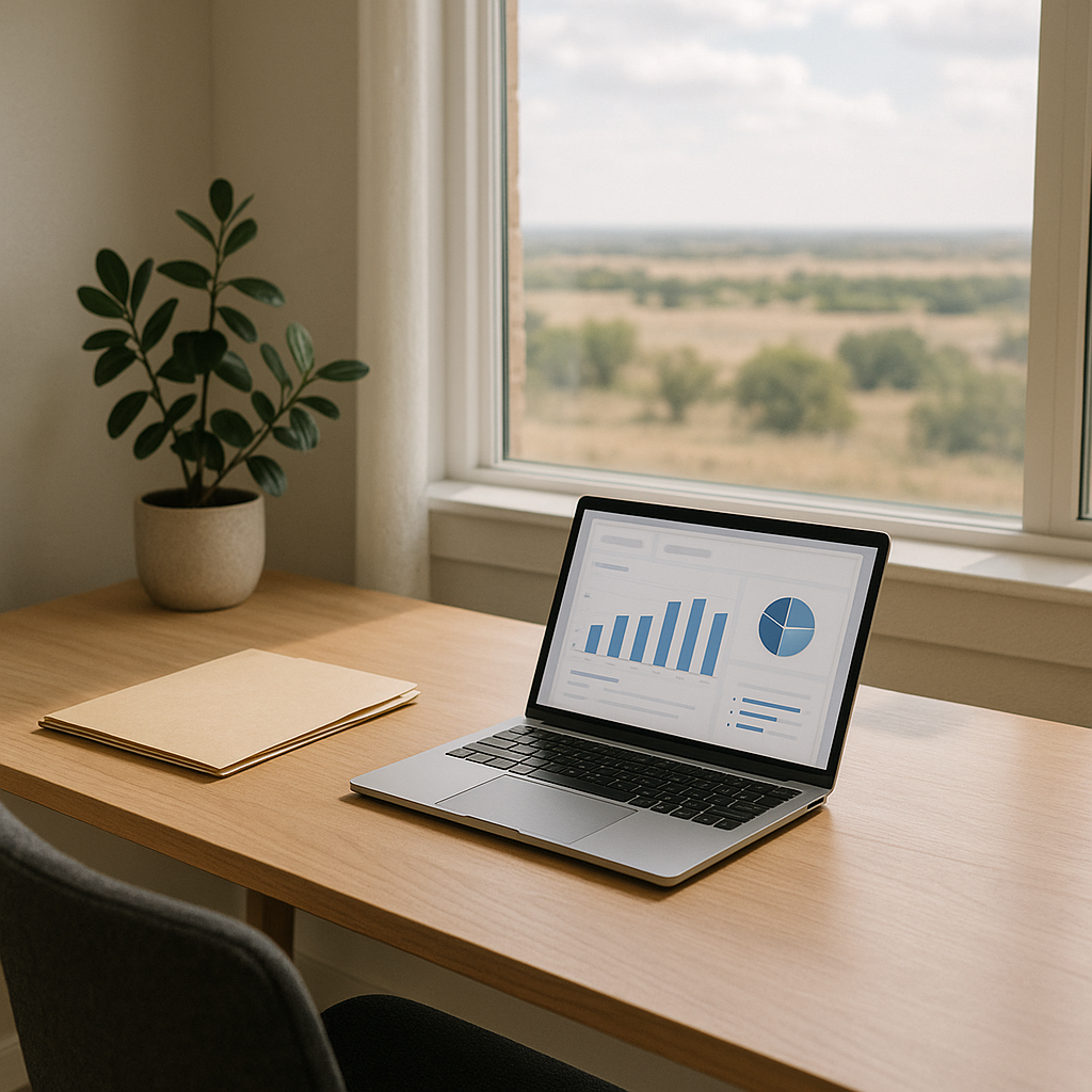 Modern home office desk by window with property management dashboard on laptop, highlighting buyer qualification in real estate sales