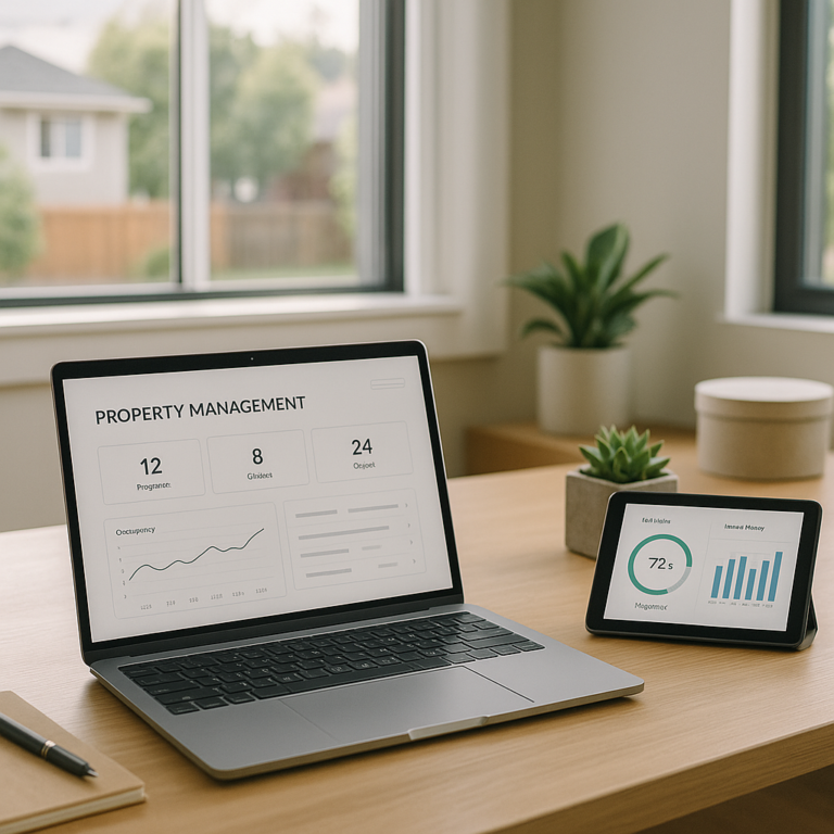 Modern real estate office with a laptop and tablet displaying property management and water usage analytics in a Texas land investment workspace
