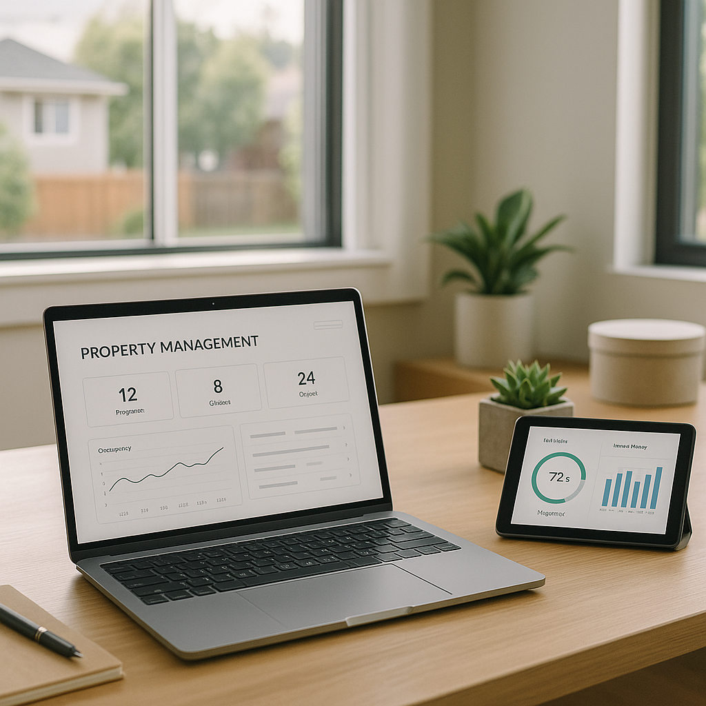 Modern real estate office with a laptop and tablet displaying property management and water usage analytics in a Texas land investment workspace
