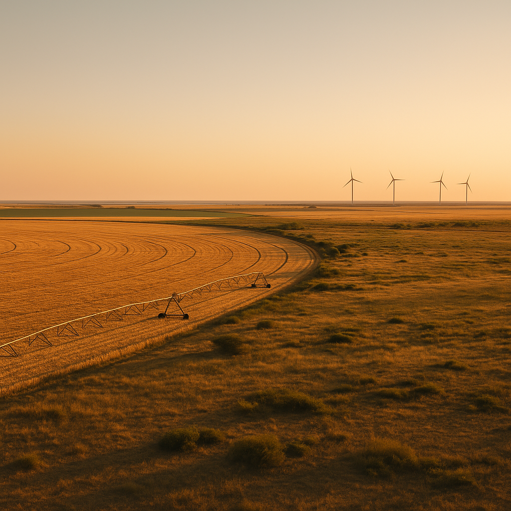 Texas Panhandle farmland with center-pivot irrigation and wind turbines