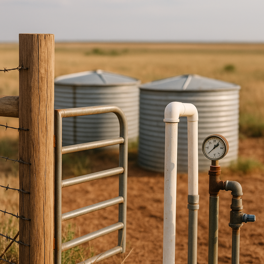 Ranch fencing, water tanks, and well infrastructure details in the Texas Panhandle