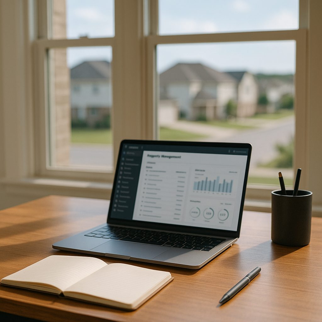 Sunlit real estate office desk with laptop showing property management dashboard, notebook, and pen holder in Texas Panhandle setting