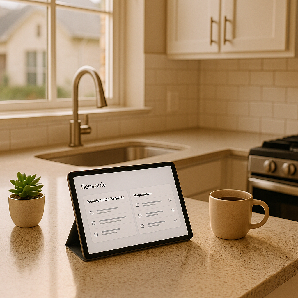 Organized kitchen counter with tablet showing a negotiation plan