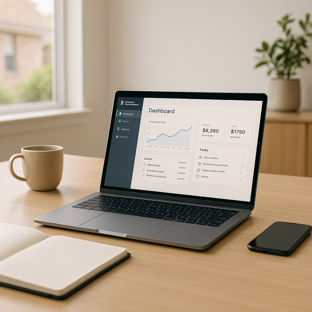 Modern property management office with a sleek laptop showing a clean property management dashboard in soft daylight on an organized desk setup