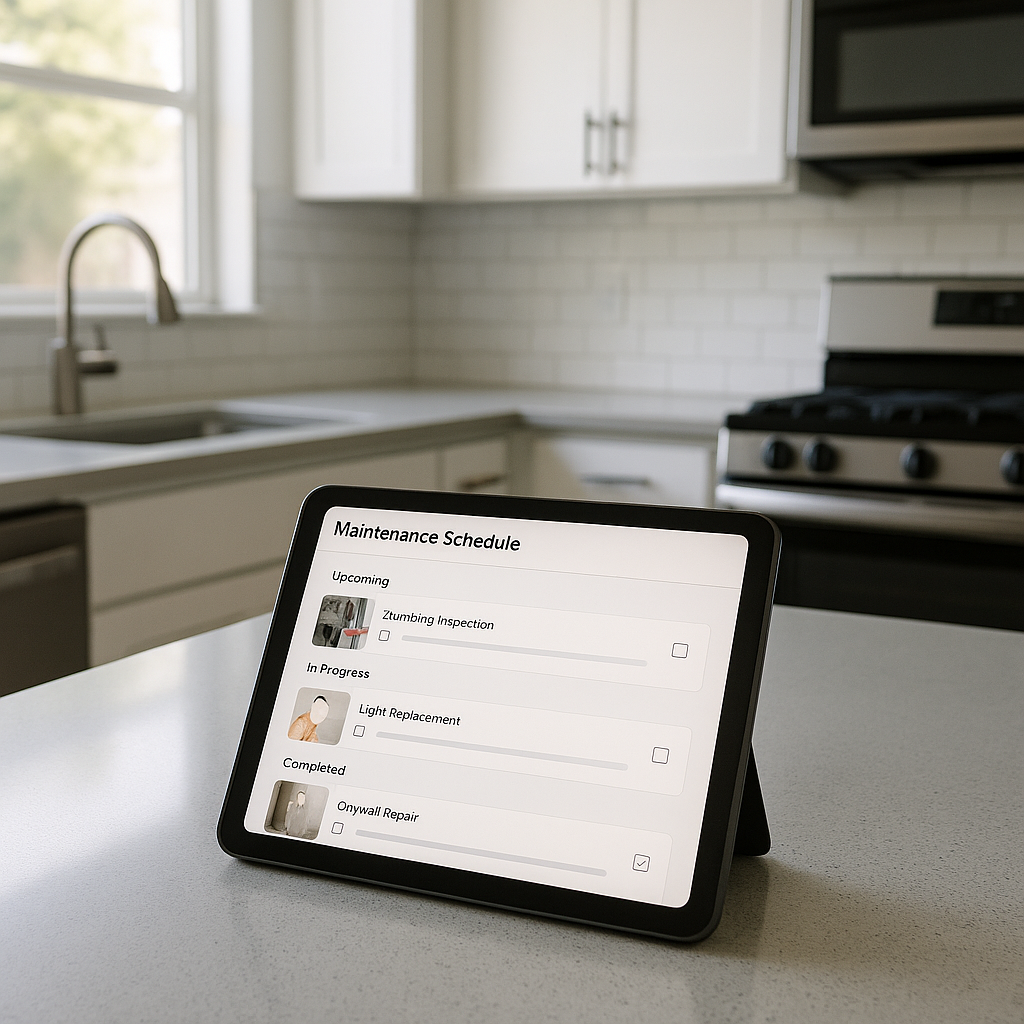 Tablet showing a maintenance schedule with checklists and photos