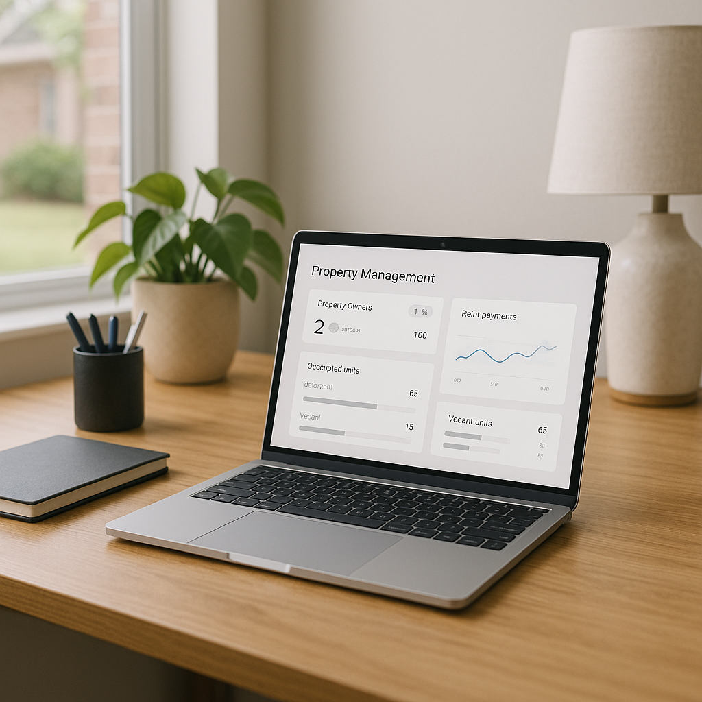 Modern landlord’s home office with a laptop showing a property management dashboard, bathed in natural daylight, symbolizing organized operations