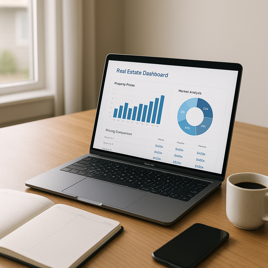 Modern home office displaying a real estate dashboard with property pricing comparisons for Texas market analysis