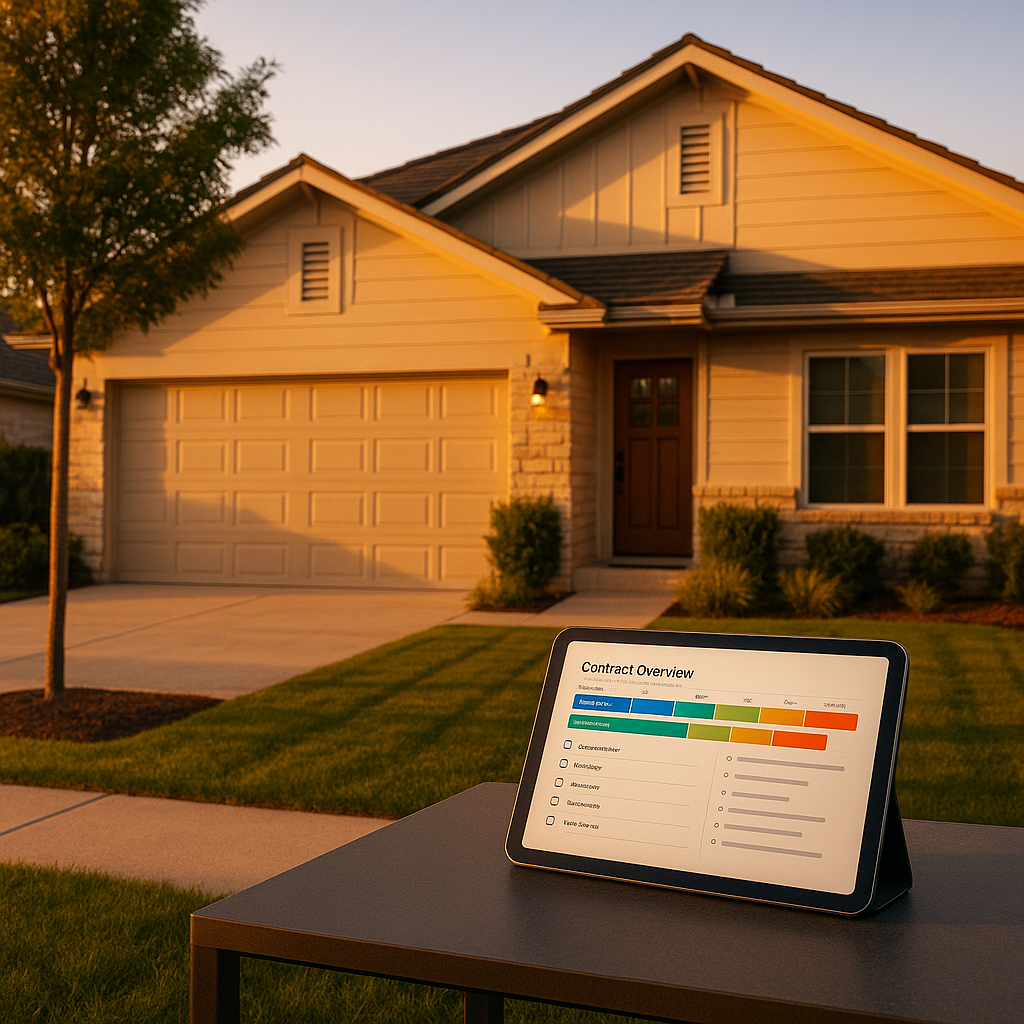 Modern home exterior with contract timeline and paperwork checklist