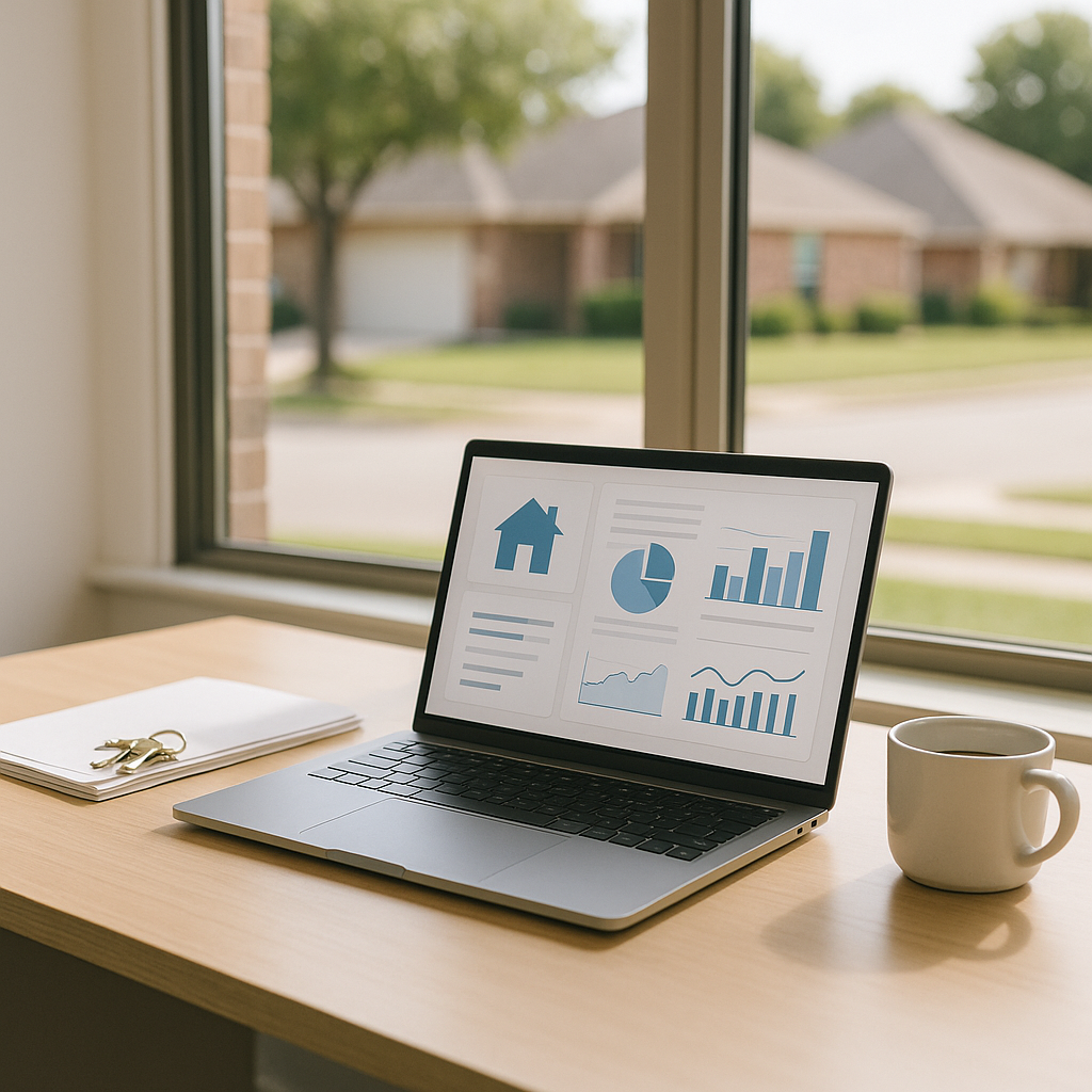 Modern office desk in Amarillo with laptop showing rental property dashboard, property keys, and coffee cup by a sunlit window overlooking a Texas neighborhood