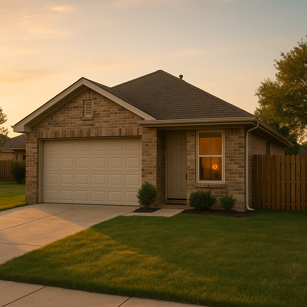 Well-maintained single-family rental home on a quiet Amarillo street at golden hour