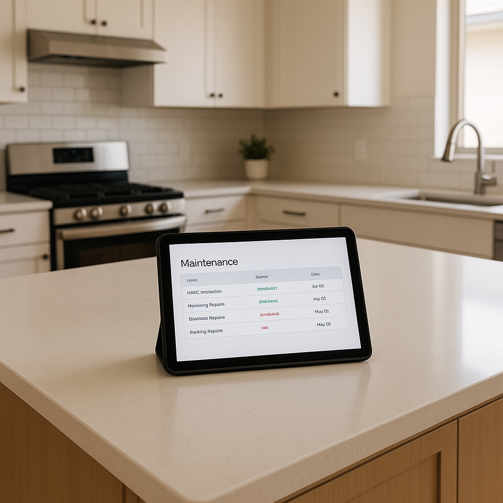 Tablet showing a maintenance schedule in a clean, modern kitchen representing proactive property management