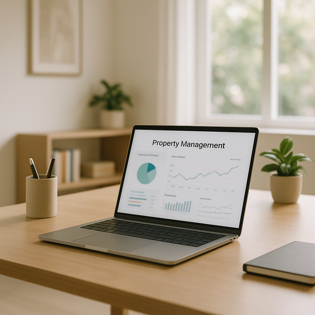 A minimalist home office featuring a laptop showing a property management dashboard, highlighting seller's disclosure document review
