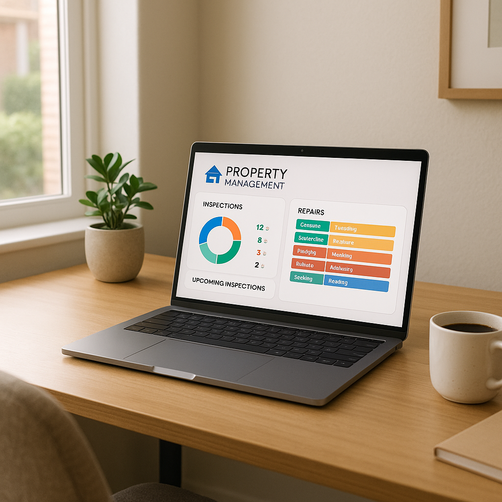 Modern home office desk with laptop showing property management dashboard for home inspection in Texas Panhandle real estate setting