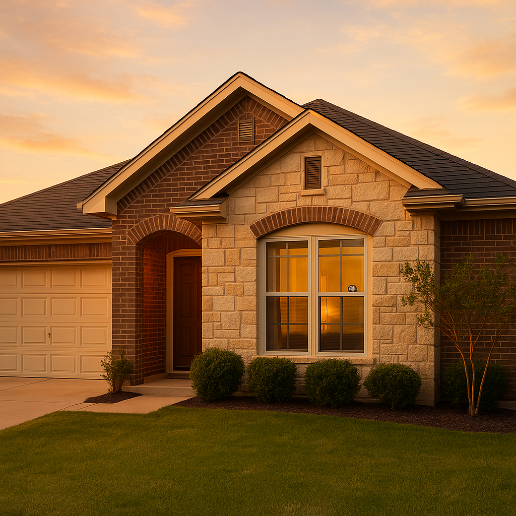 Well-maintained Texas Panhandle home exterior at golden hour, ready for sale