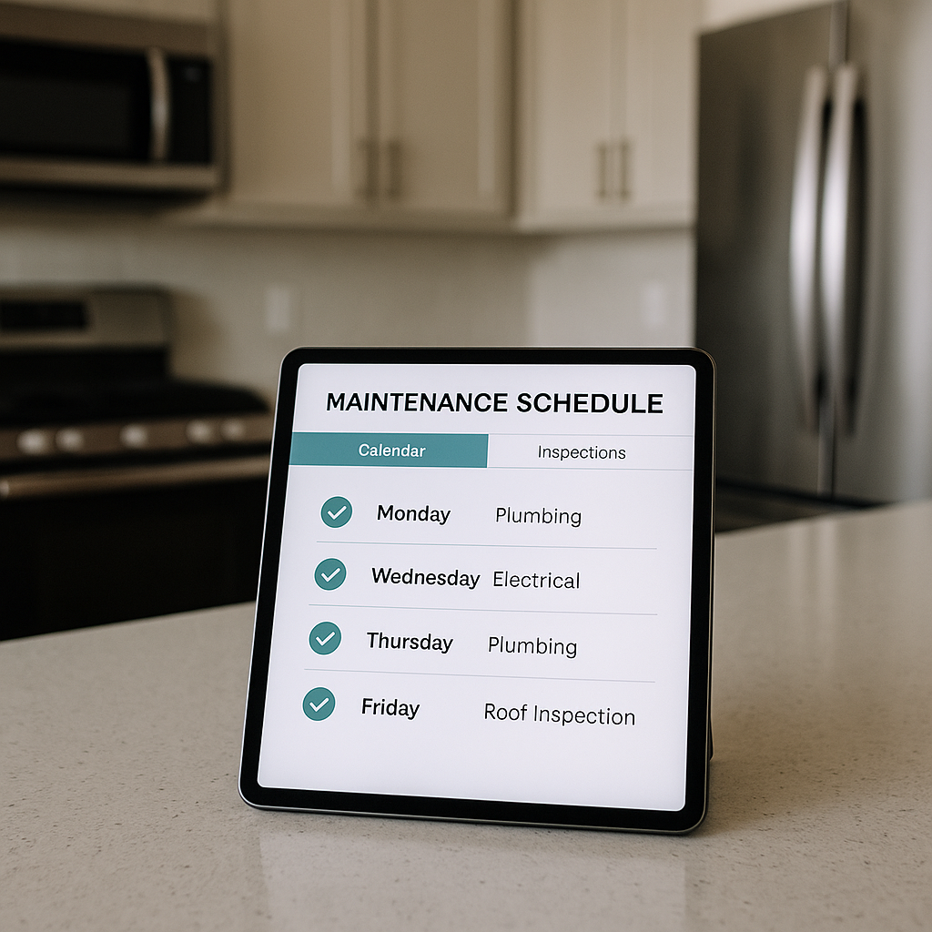 Tablet showing a home maintenance schedule on a clean kitchen countertop