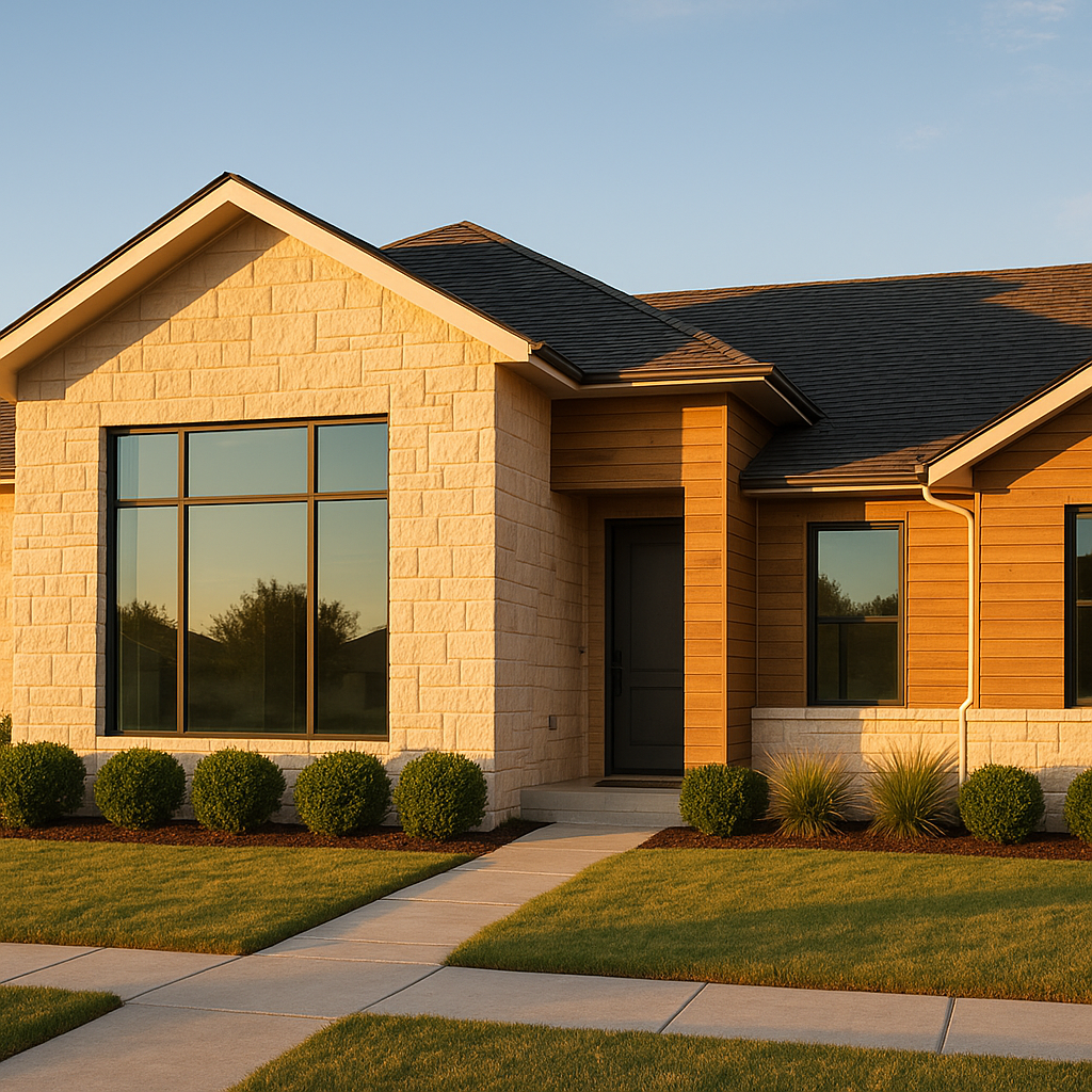 Wide-angle exterior of a modern Texas home with limestone and oak siding, showcasing landscaping in the Panhandle under golden hour light