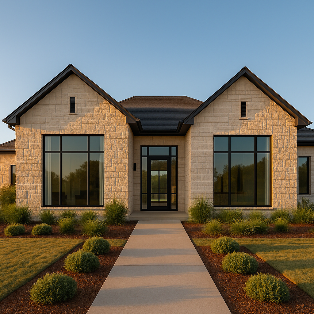 Wide-angle view of a modern Texas Panhandle home with limestone facades and large windows, perfect for homeowners building a Facebook funnel